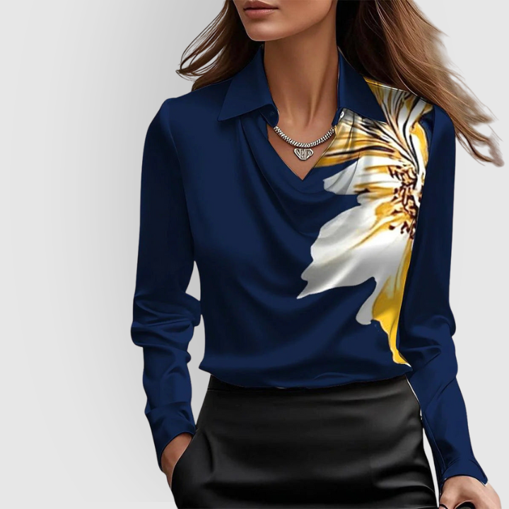 Glossy Blouse with Pleated Neckline for Women