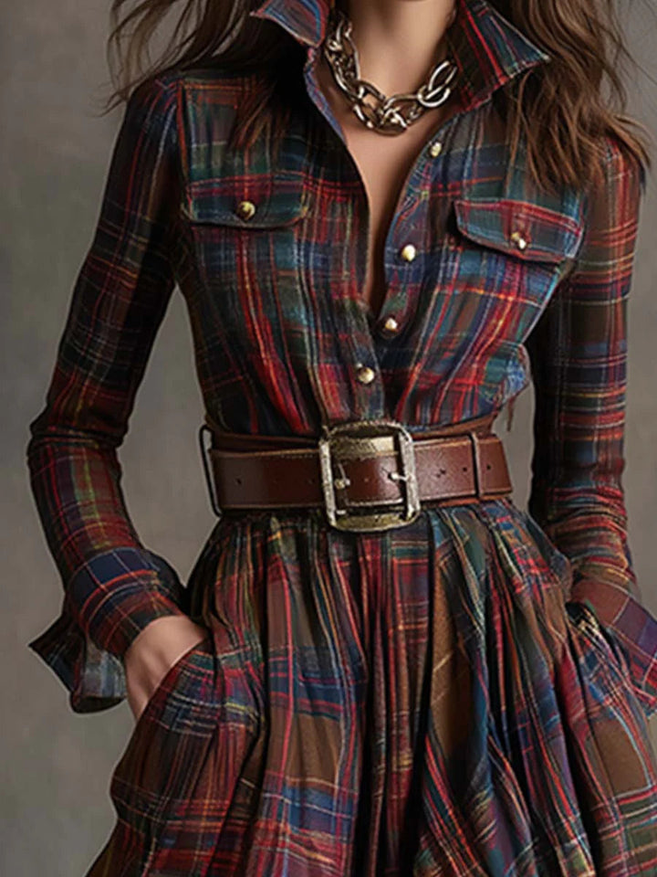 Belted Plaid Maxi Dress for Women - Flowing Bohemian Style