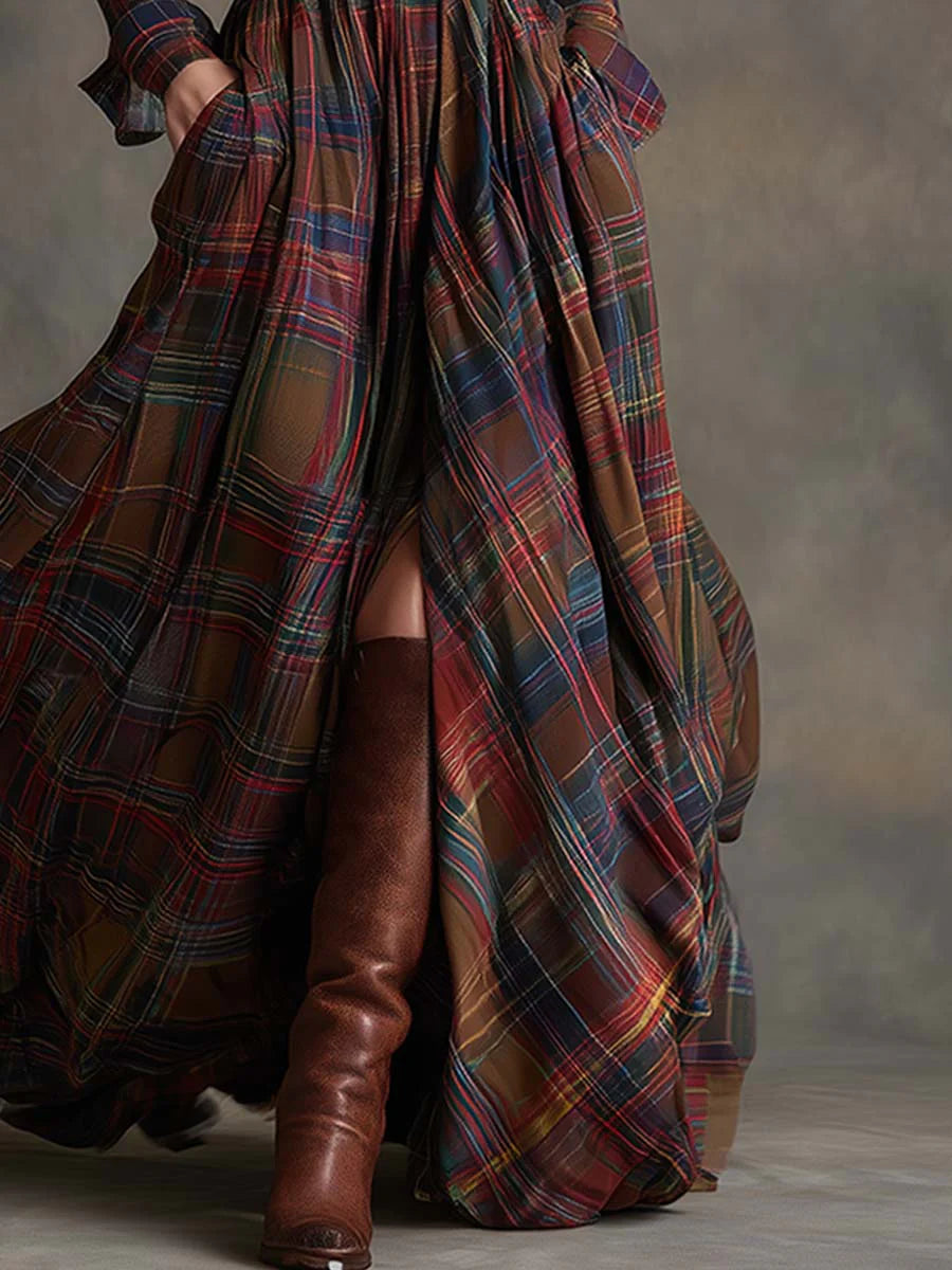 Belted Plaid Maxi Dress for Women - Flowing Bohemian Style