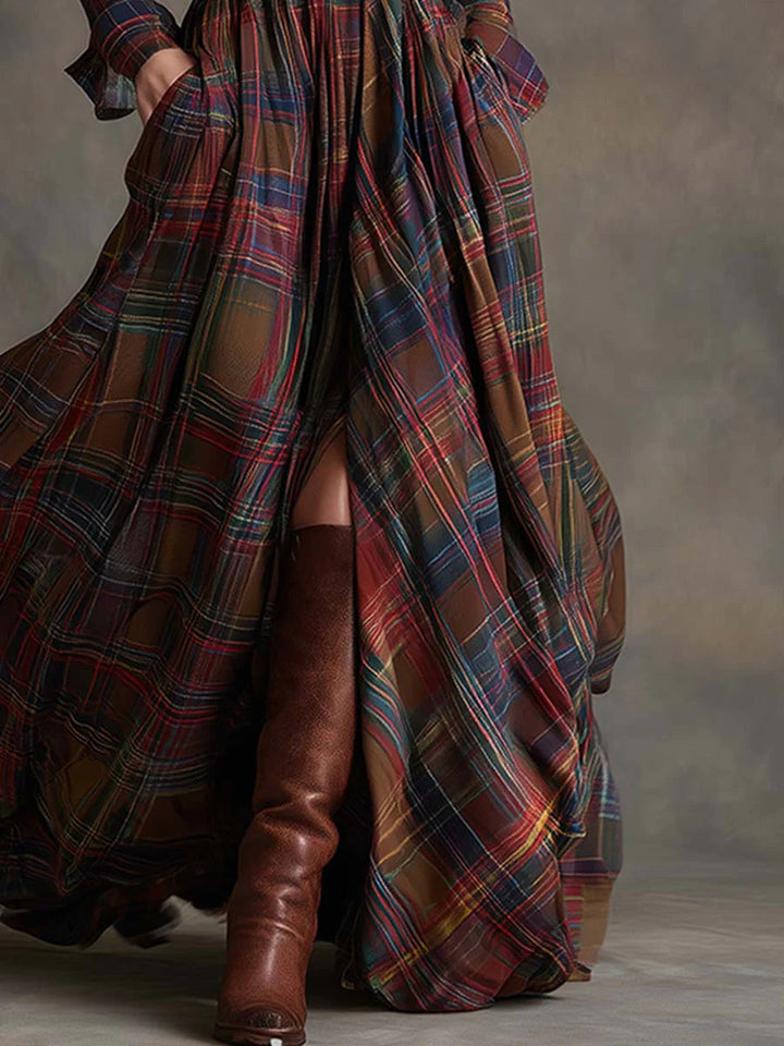Belted Plaid Maxi Dress for Women - Flowing Bohemian Style