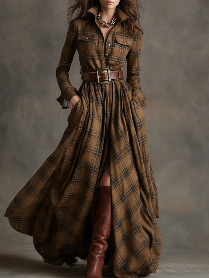 Belted Plaid Maxi Dress for Women - Flowing Bohemian Style