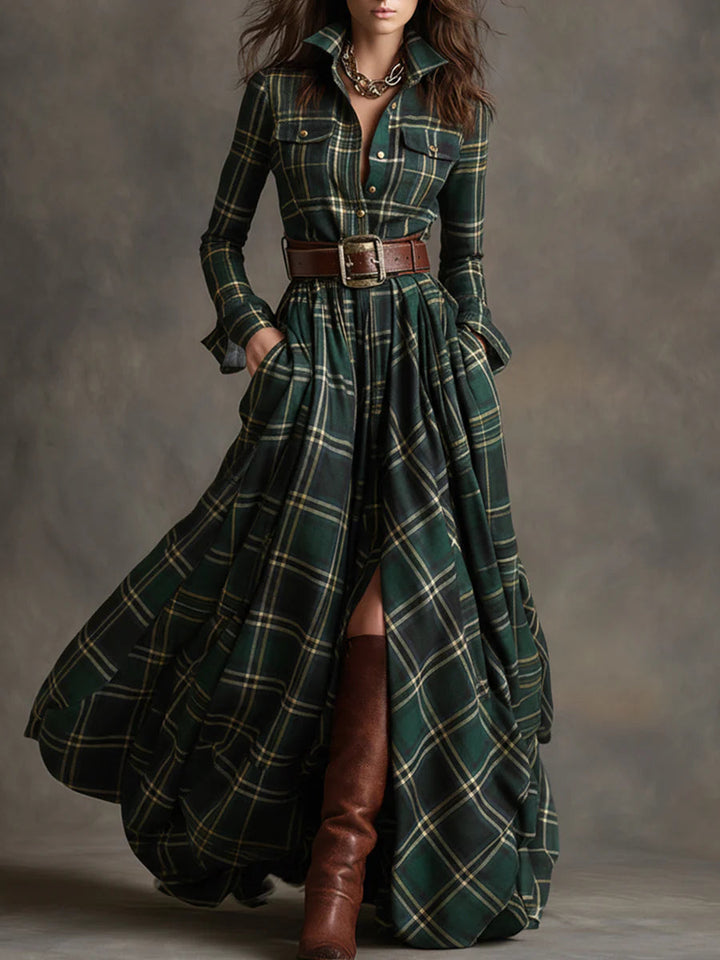 Belted Plaid Maxi Dress for Women - Flowing Bohemian Style