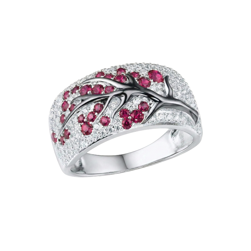 Ruby Blossom Tree Ring in White Gold | Statement Floral Jewelry