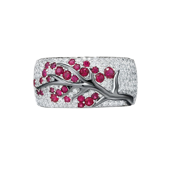 Ruby Blossom Tree Ring in White Gold | Statement Floral Jewelry