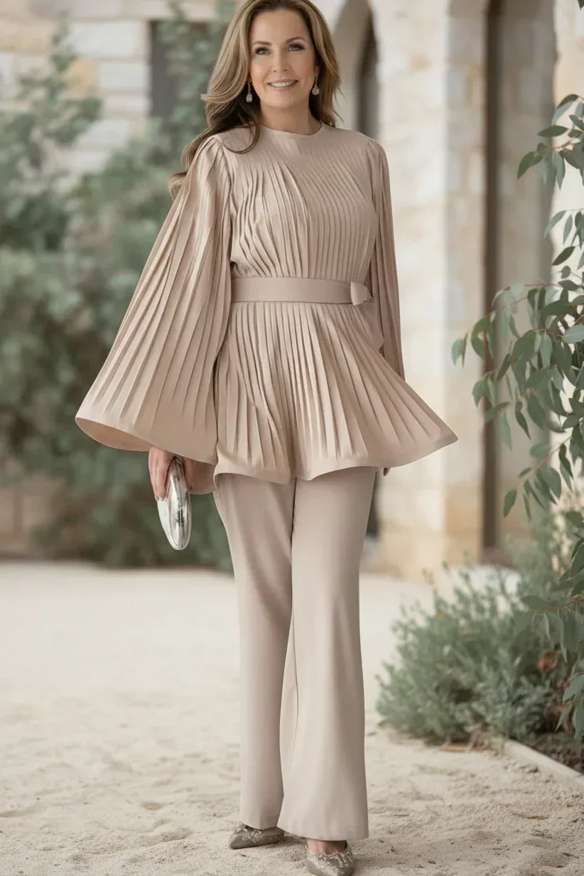 Pleated Two Piece Set - Elegant Wide Leg Pants and Top Outfit