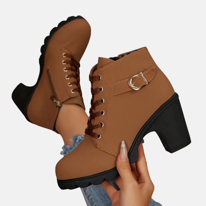Leather Ankle Boots for Women - Lace Up Block Heel Booties