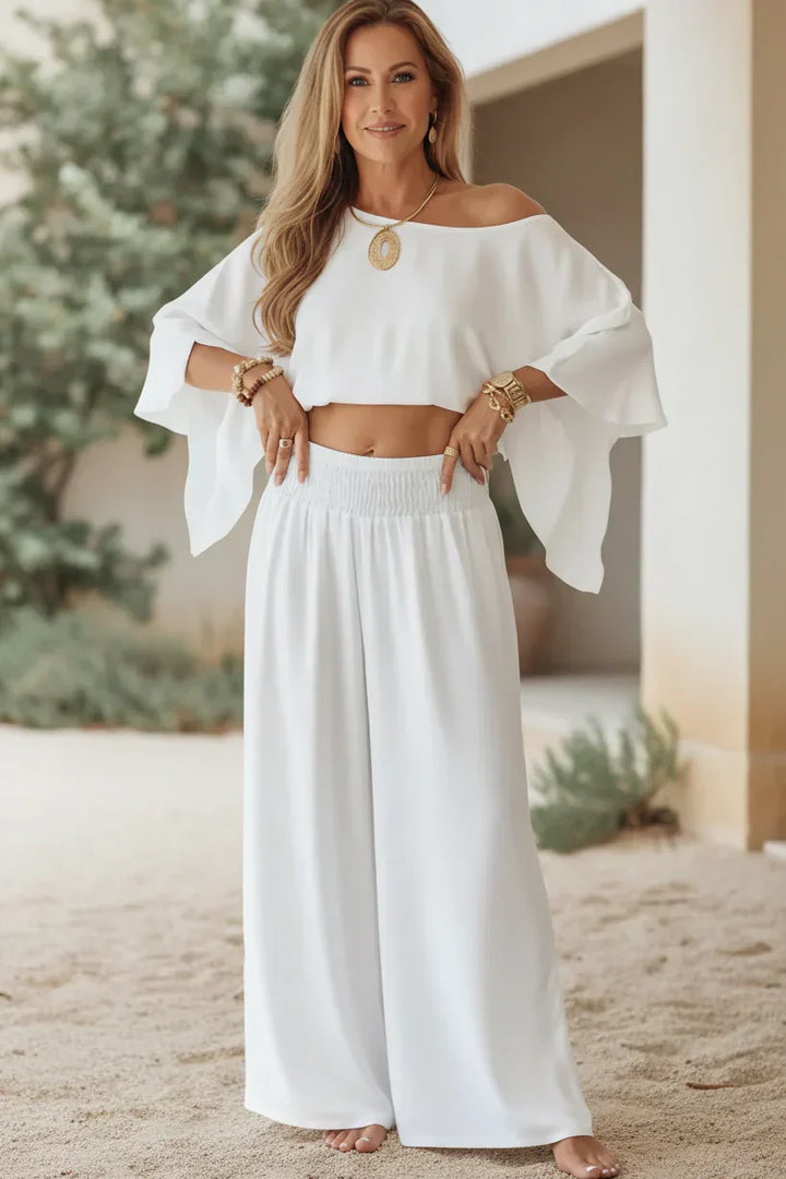Off Shoulder Two Piece Set for Women - Flowy Wide Leg Pants