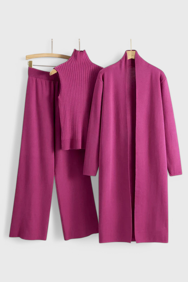 3-Piece Knit Set Long Cardigan Wide Leg Pants Turtleneck
