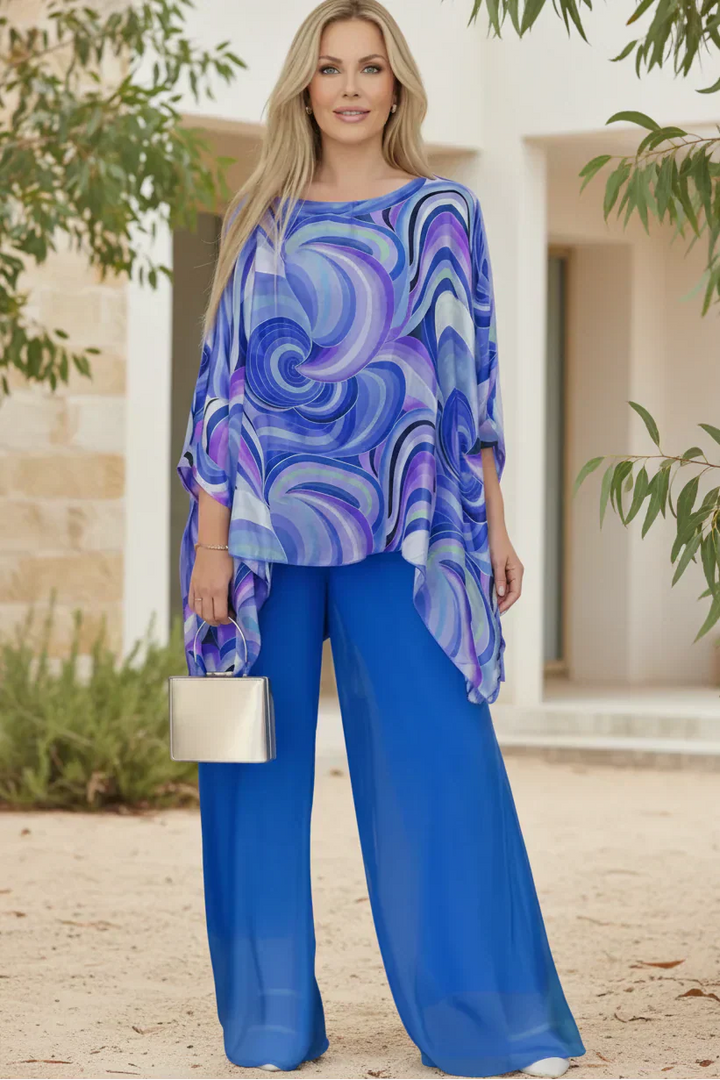 Two Piece Outfit Women Wide Leg Pants Set Contemporary Print