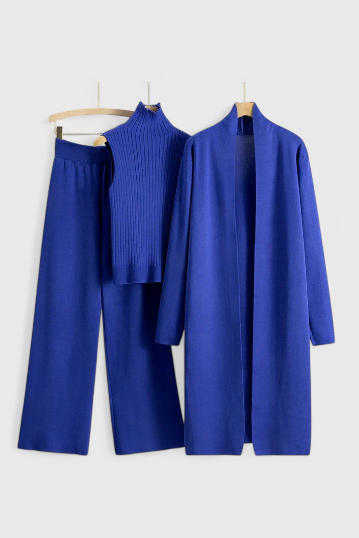 3-Piece Knit Set Long Cardigan Wide Leg Pants Turtleneck