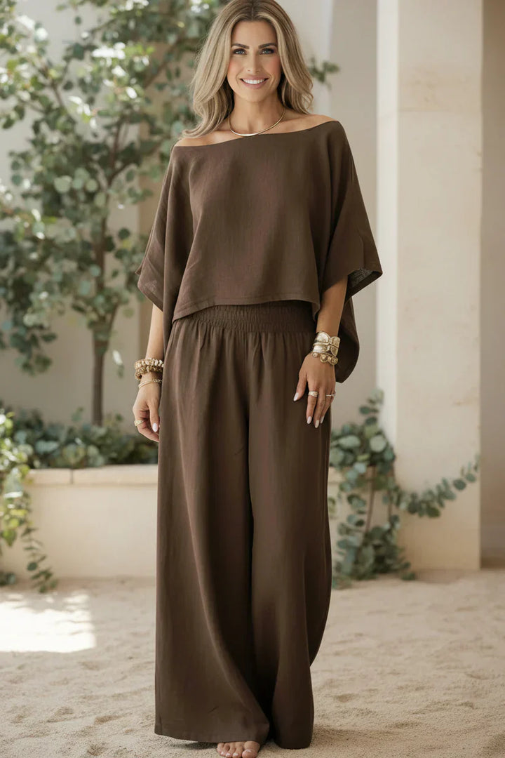 Off Shoulder Two Piece Set for Women - Flowy Wide Leg Pants