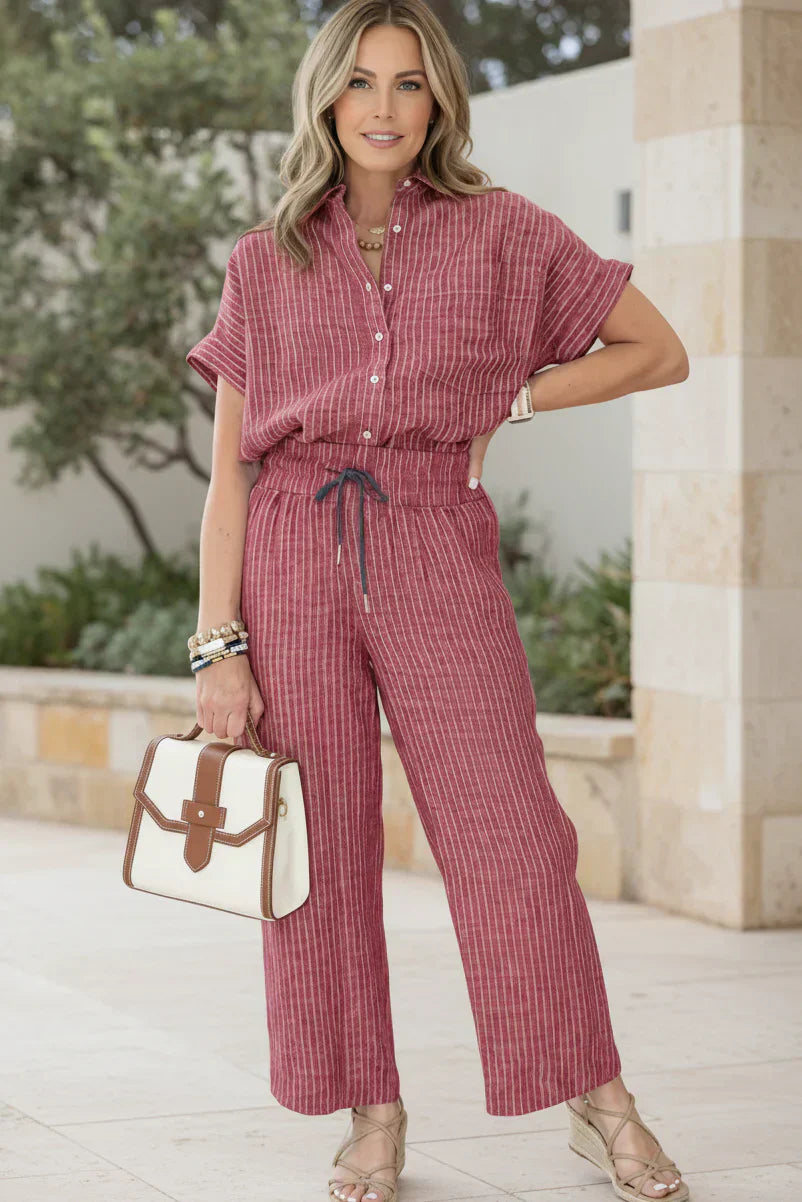Two Piece Pinstripe Set for Women - Tailored Wide Leg Pants and Button Top