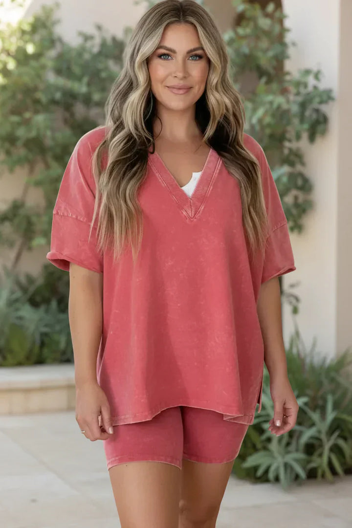 Two Piece Lounge Set for Women - Relaxed V Neck Top and Shorts