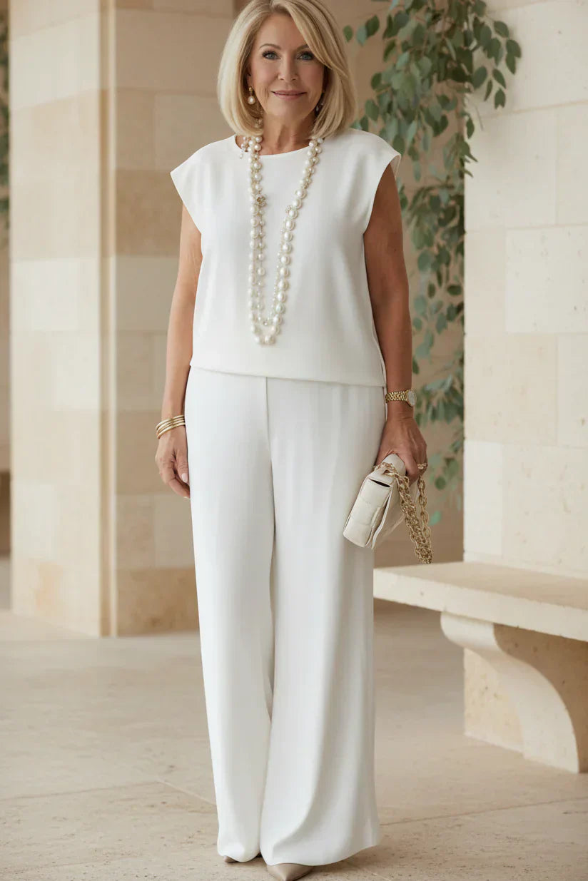 White Two Piece Set for Women - Sleeveless Top Wide Leg Pants