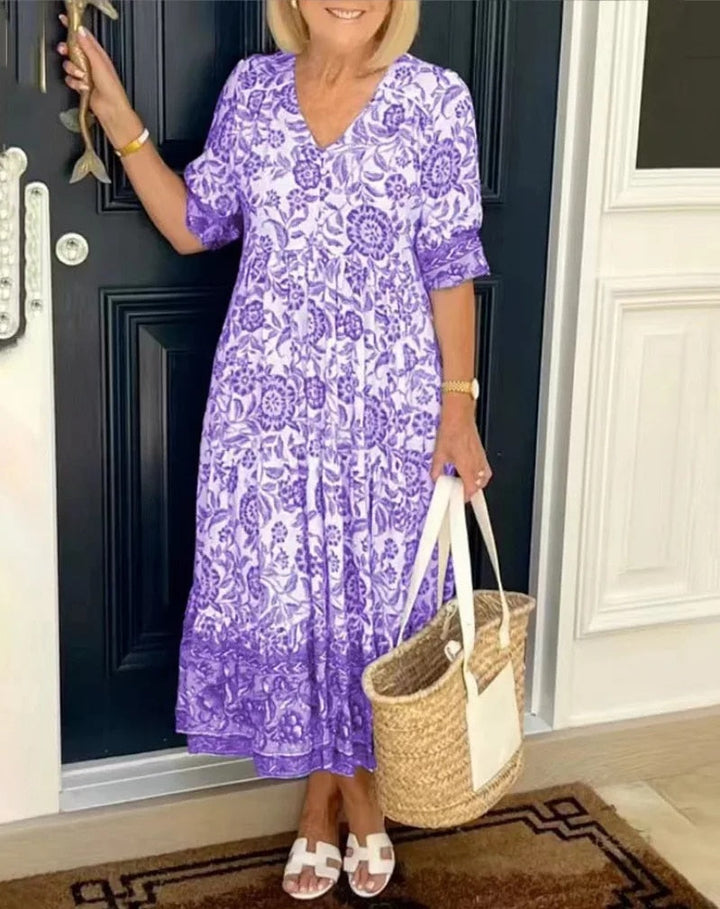 Floral V-Neck Dress for Women | Elegant Midi Dress