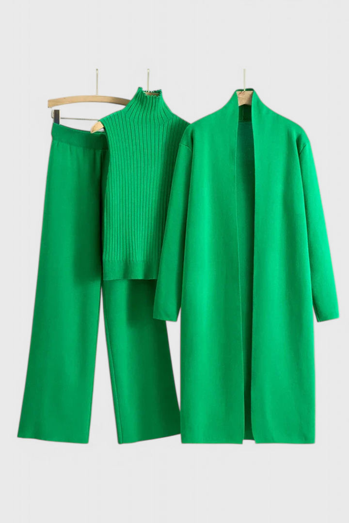 3-Piece Knit Set Long Cardigan Wide Leg Pants Turtleneck