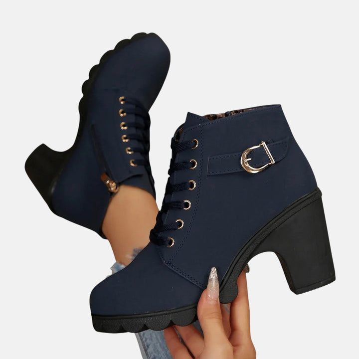 Leather Ankle Boots for Women - Lace Up Block Heel Booties