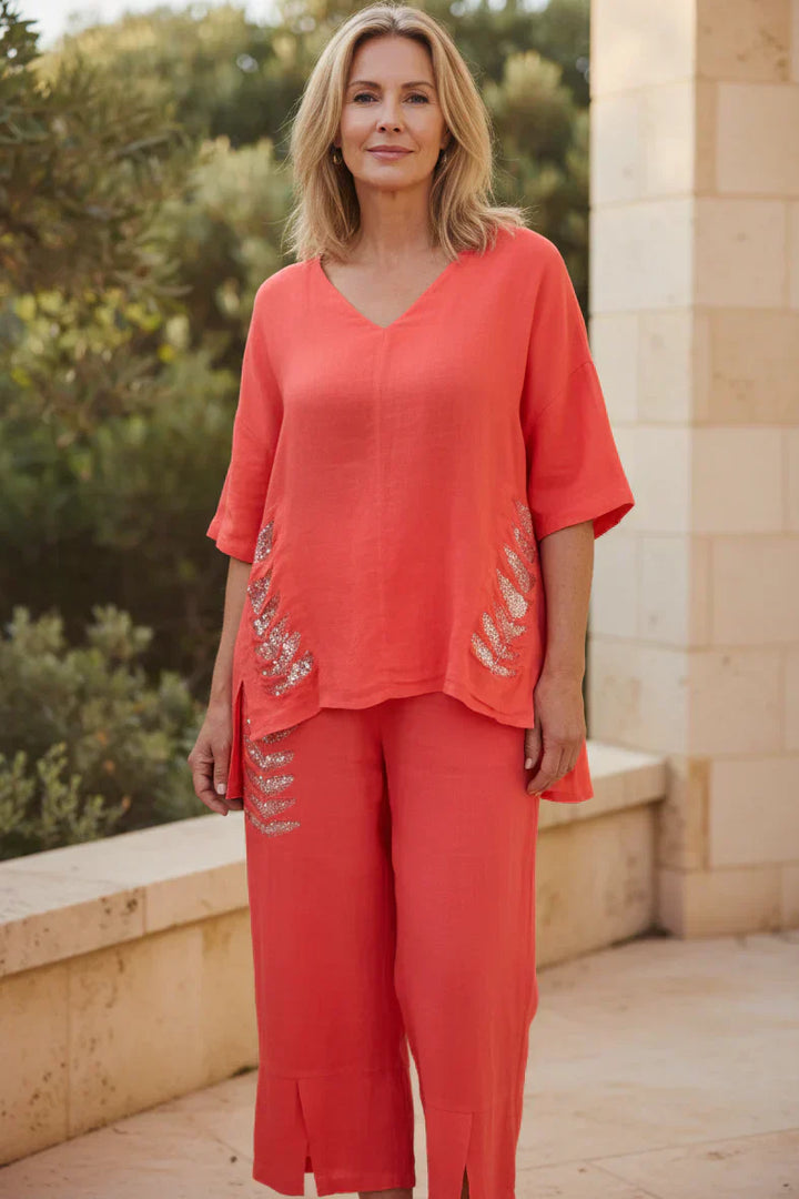 Two Piece Linen Set Women - Relaxed Wide Leg Pants & Top