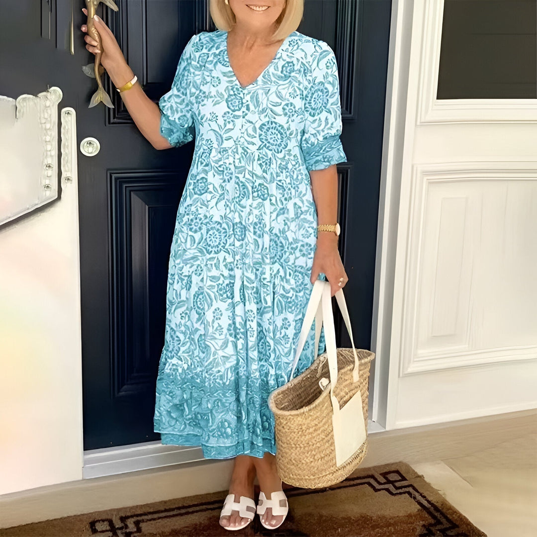 V-Neck Bohemian Dress for Women | Flowy Midi Length Casual Dress