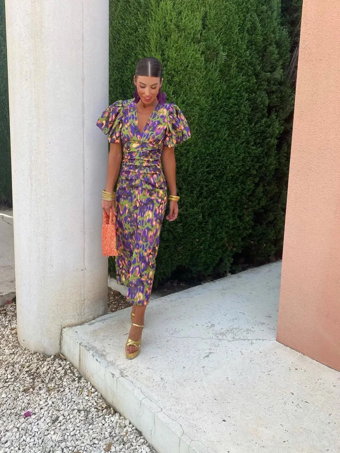 Midi Dress with Puff Sleeves - Vibrant Floral Print for Women