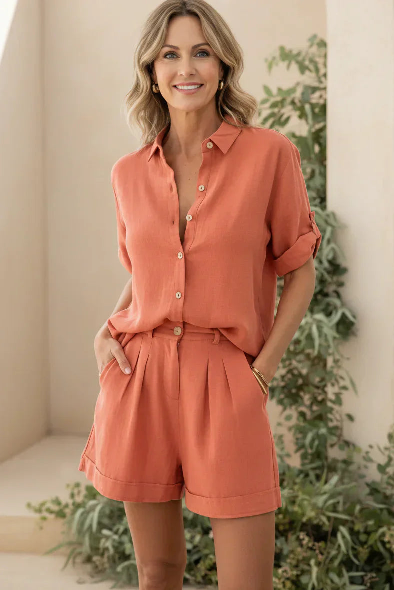 Linen Co-Ord Set for Women - Casual Button Up Shirt and Shorts