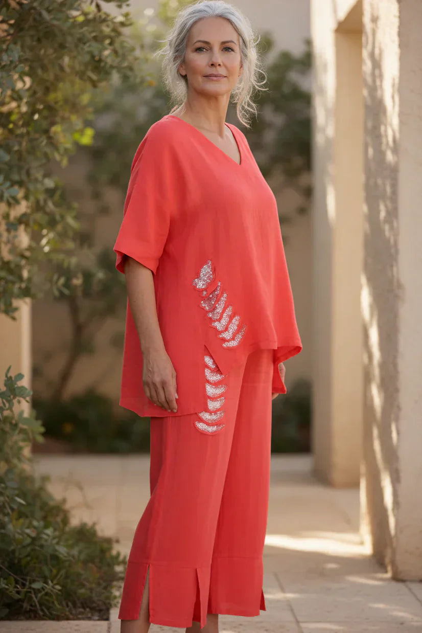 Two Piece Linen Set Women - Relaxed Wide Leg Pants & Top