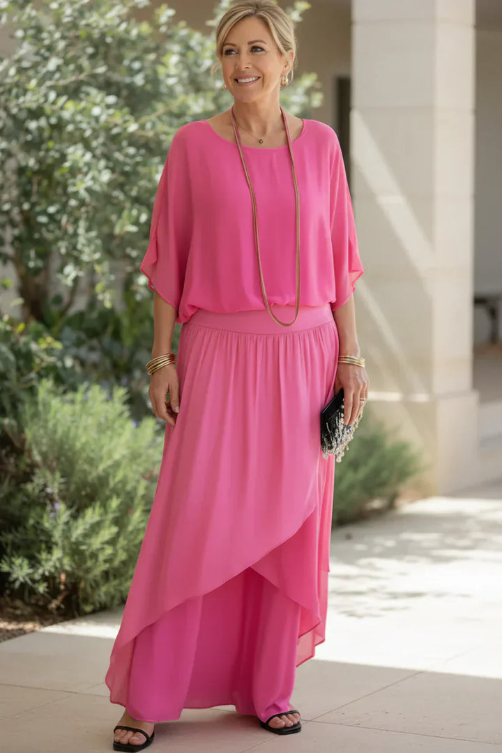 Two Piece Flowy Set for Women - Elegant Coral Outfit