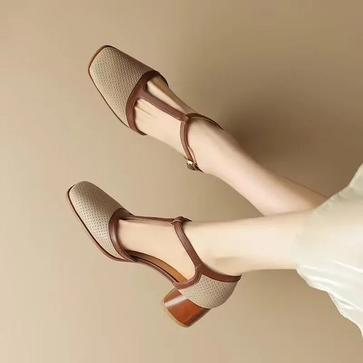 Mary Jane Mid Heel Leather Shoes - Classic Strap Pumps