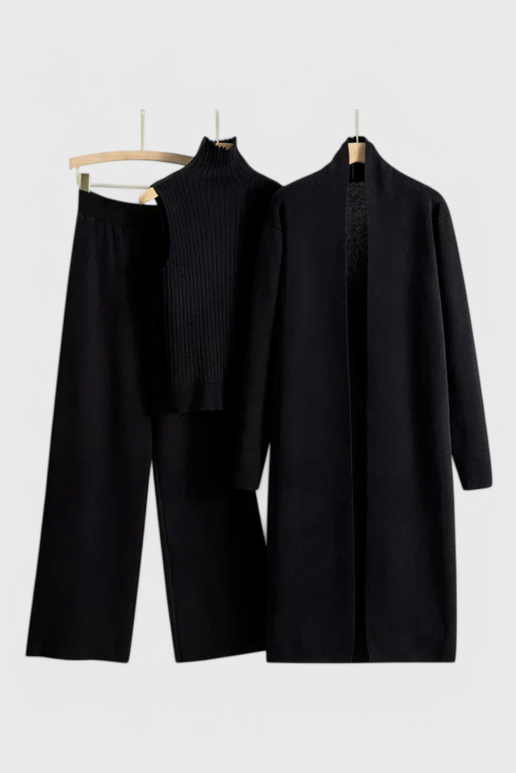 3-Piece Knit Set Long Cardigan Wide Leg Pants Turtleneck