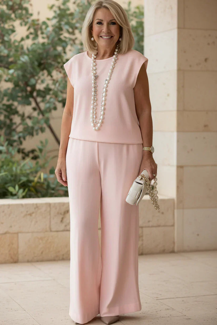 White Two Piece Set for Women - Sleeveless Top Wide Leg Pants
