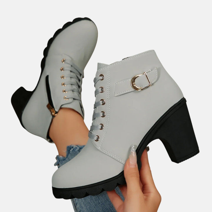 Leather Ankle Boots for Women - Lace Up Block Heel Booties