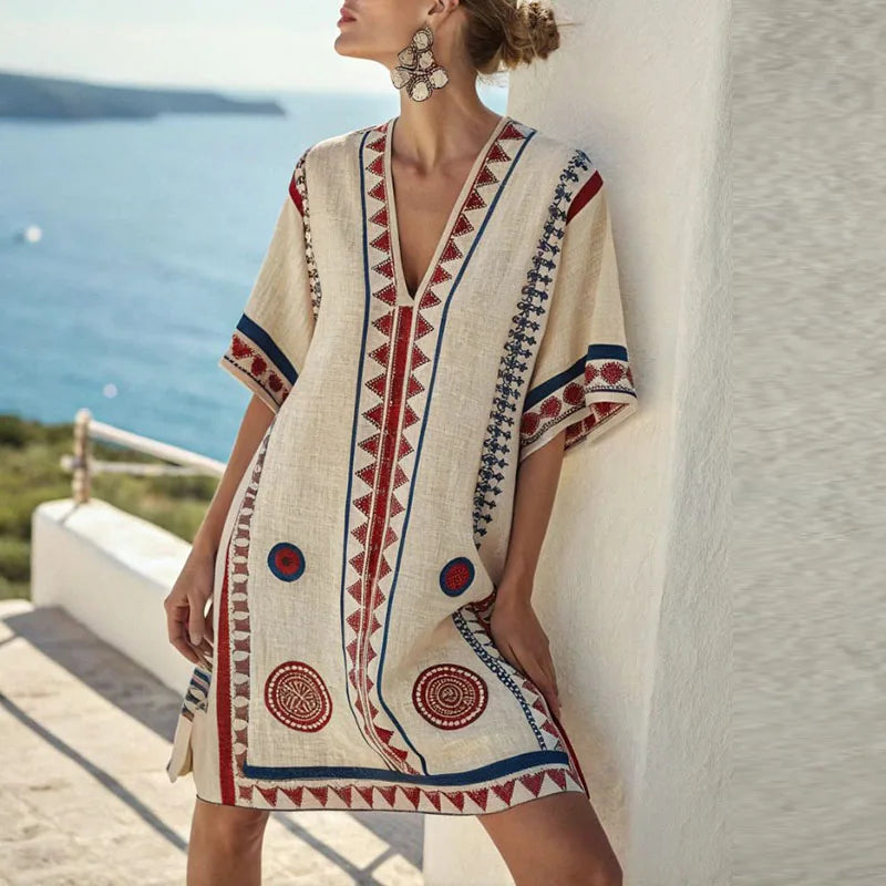 Floral Beach Dress with V-Neck - Lightweight Summer Maxi Dress
