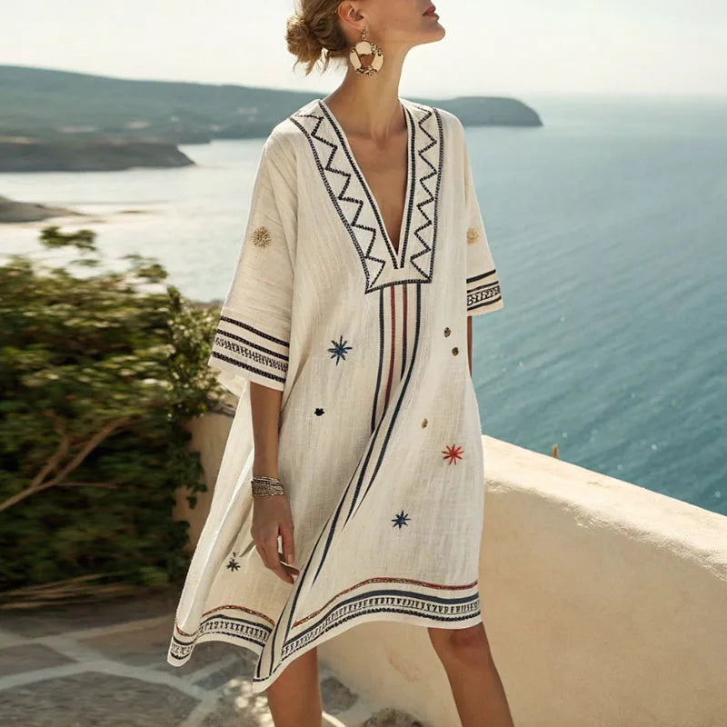 Floral Beach Dress with V-Neck - Lightweight Summer Maxi Dress
