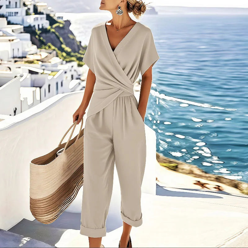 Elegant Two Piece Set for Women - Wrap Front Top & Cropped Pants