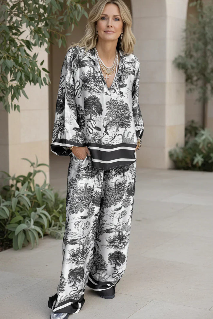 Two Piece Set for Women Wide Leg Pants Vintage Print Outfit