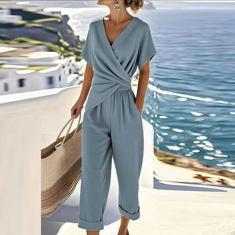 Elegant Two Piece Set for Women - Wrap Front Top & Cropped Pants