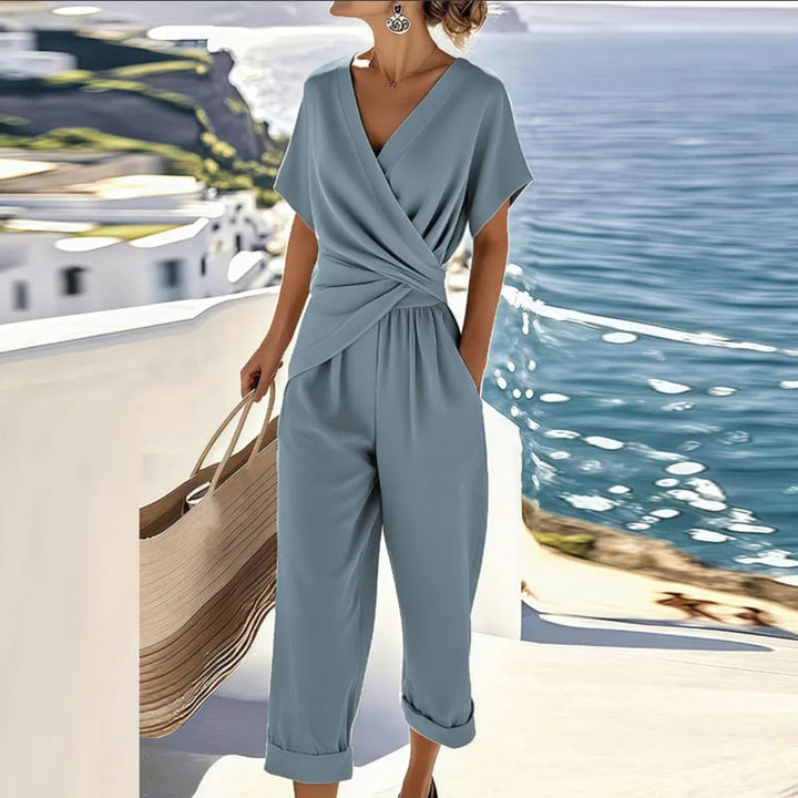 Elegant Two Piece Set for Women - Wrap Front Top & Cropped Pants