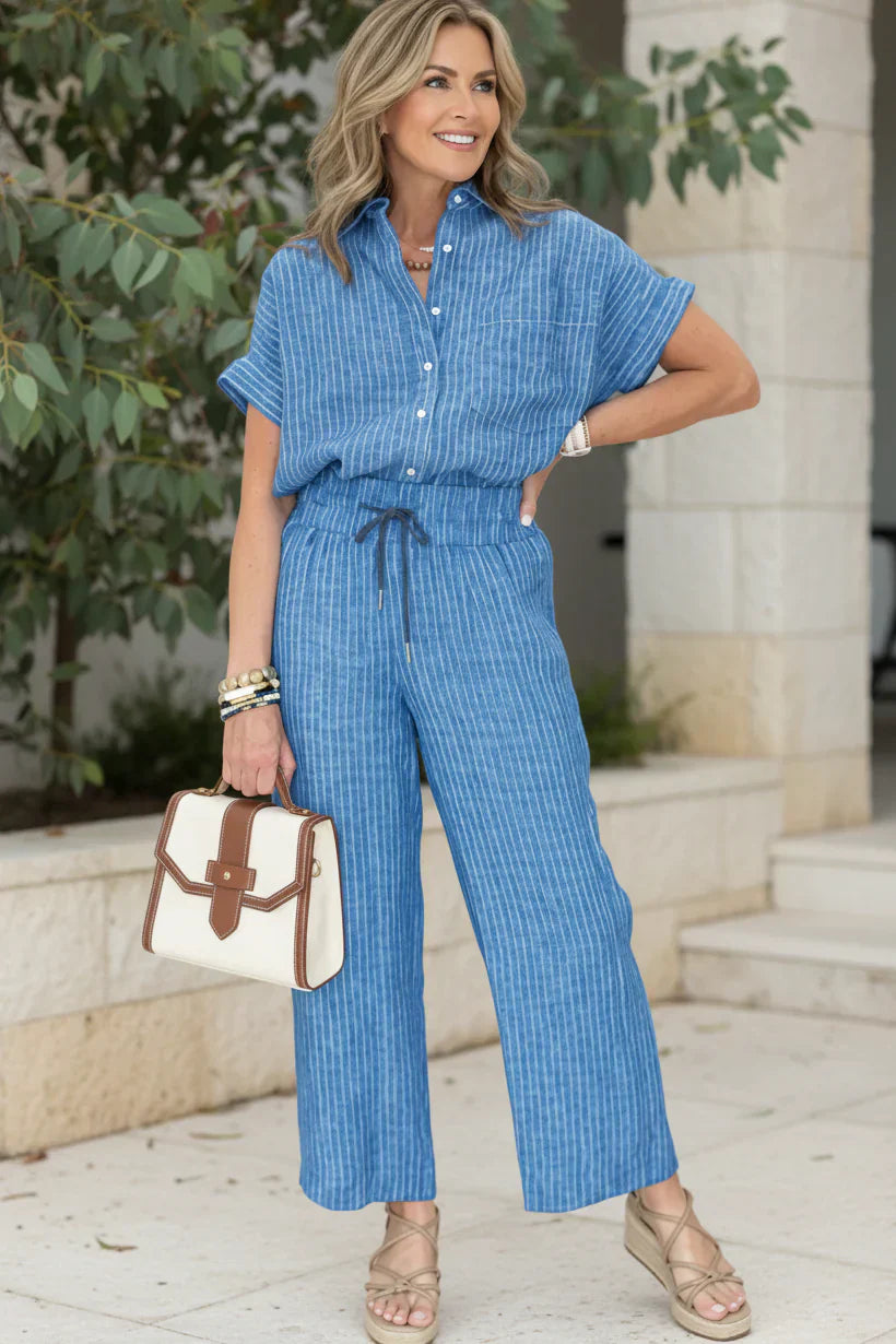 Two Piece Pinstripe Set for Women - Tailored Wide Leg Pants and Button Top