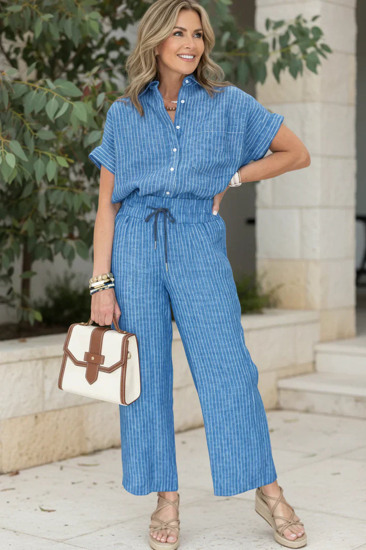 Two Piece Pinstripe Set for Women - Tailored Wide Leg Pants and Button Top