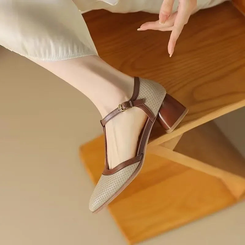 Mary Jane Mid Heel Leather Shoes - Classic Strap Pumps