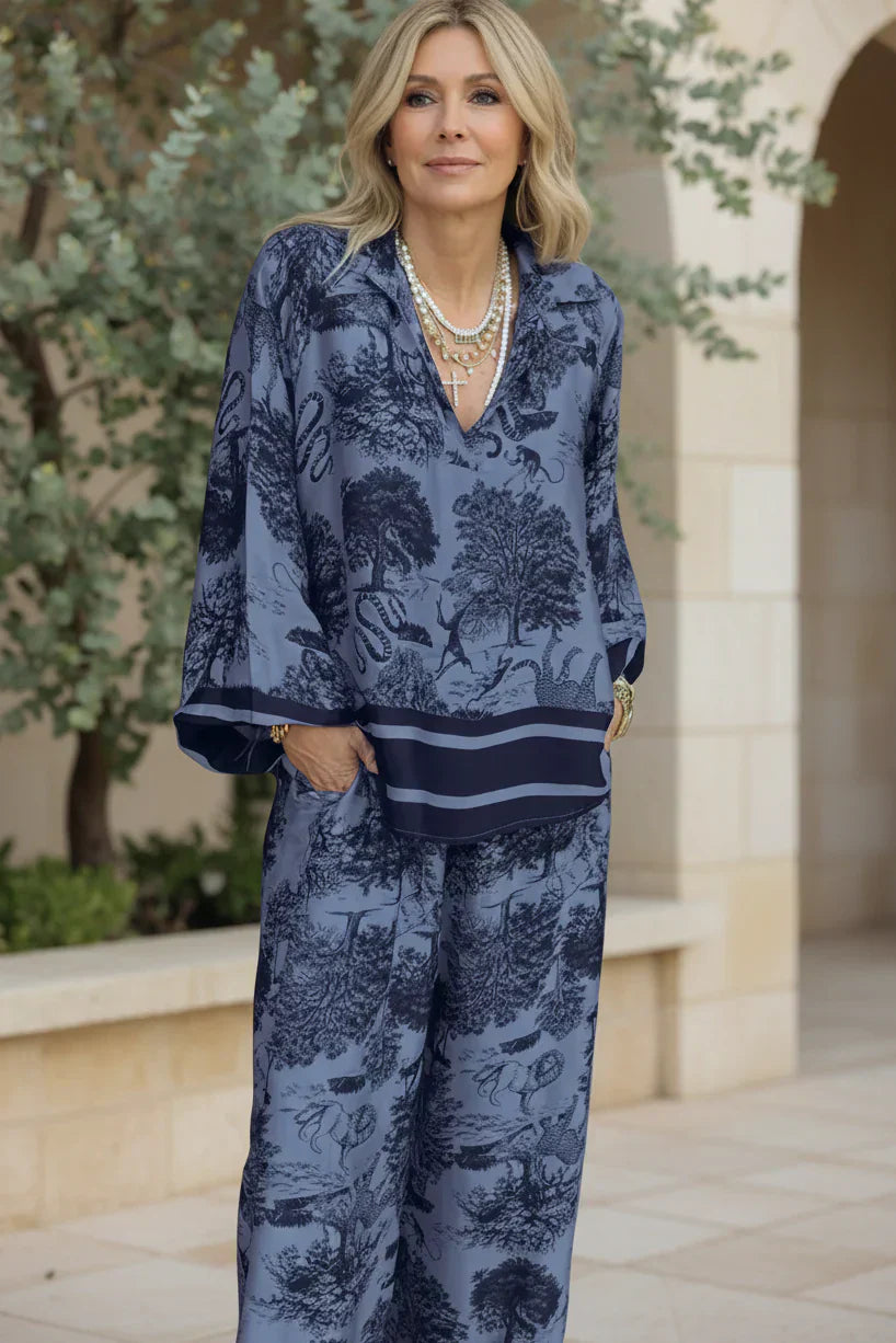 Two Piece Set for Women Wide Leg Pants Vintage Print Outfit