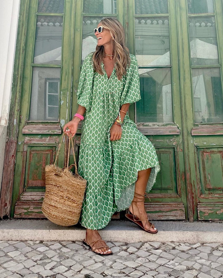 Bohemian Maxi Dress with V-Neck for Women
