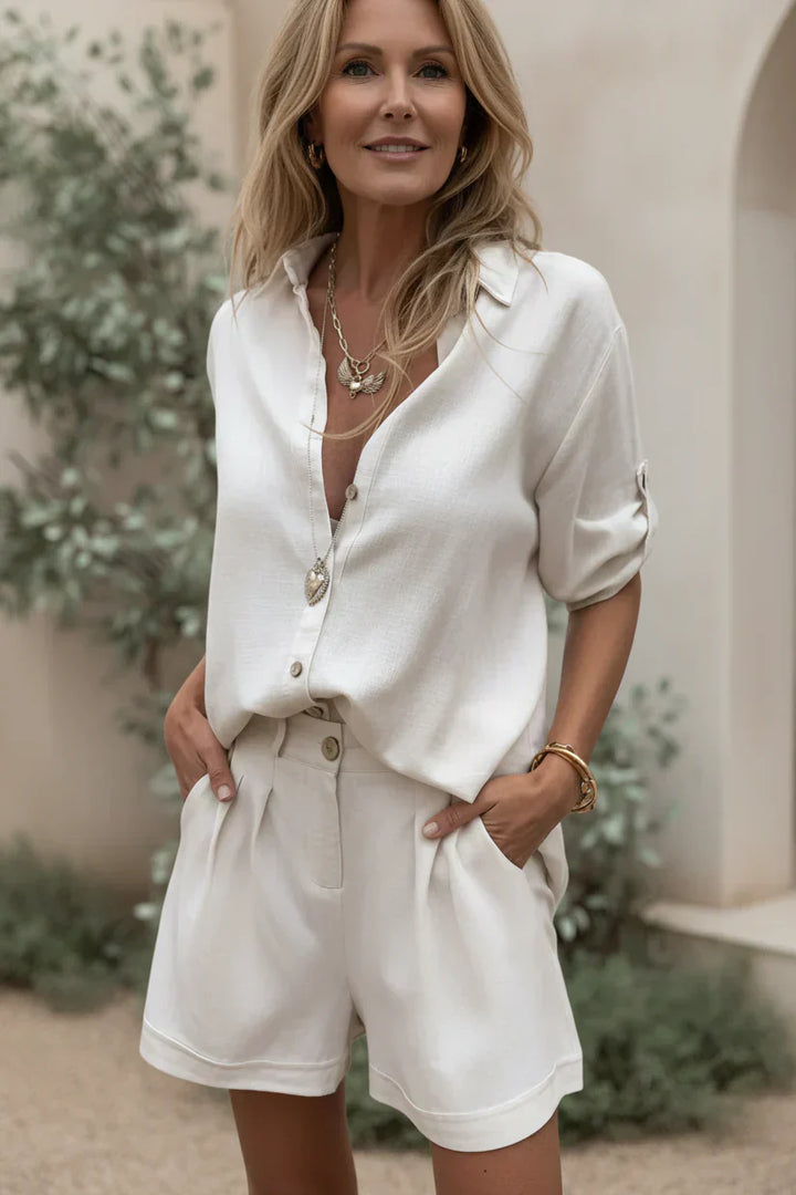 Linen Co-Ord Set for Women - Casual Button Up Shirt and Shorts