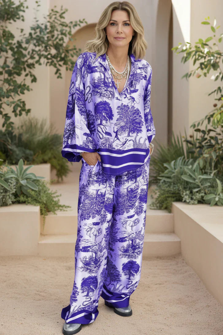 Two Piece Set for Women Wide Leg Pants Vintage Print Outfit