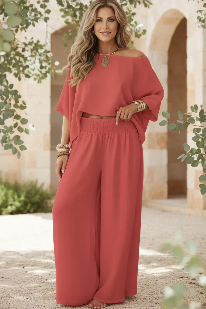 Off Shoulder Two Piece Set for Women - Flowy Wide Leg Pants