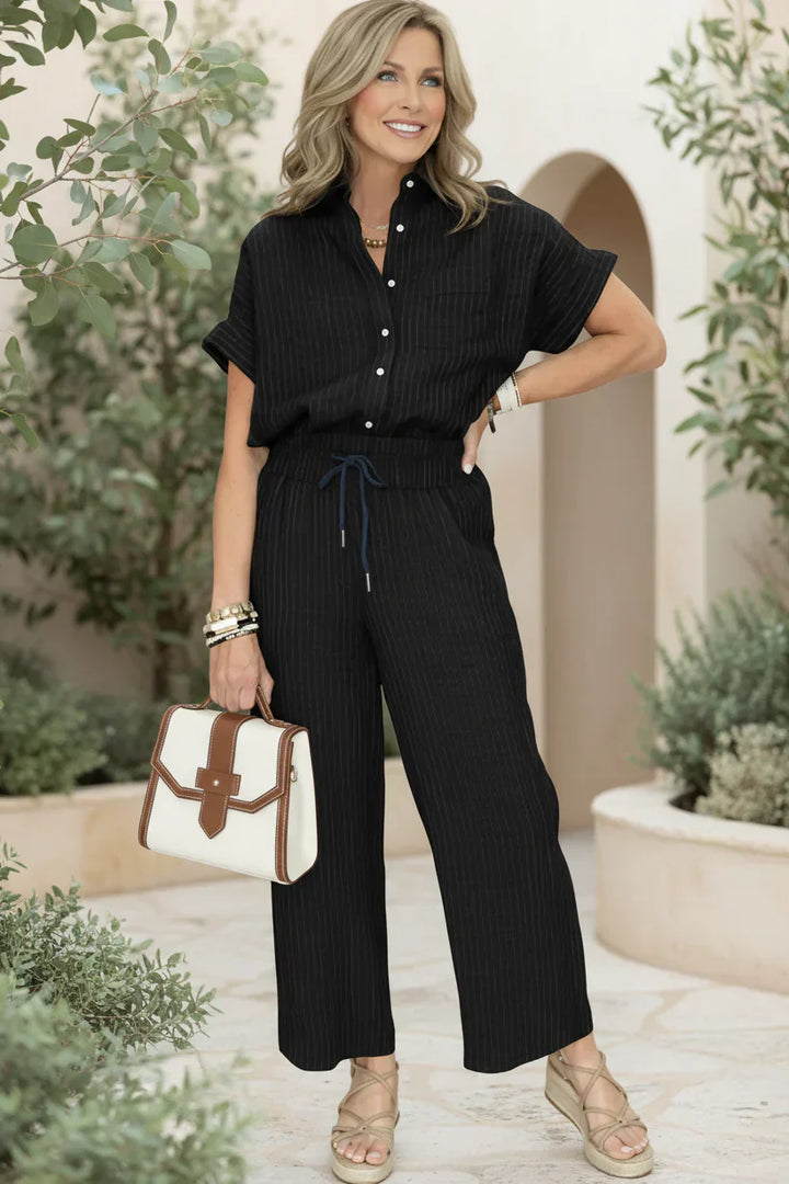 Two Piece Pinstripe Set for Women - Tailored Wide Leg Pants and Button Top
