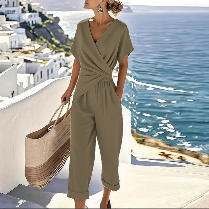Elegant Two Piece Set for Women - Wrap Front Top & Cropped Pants