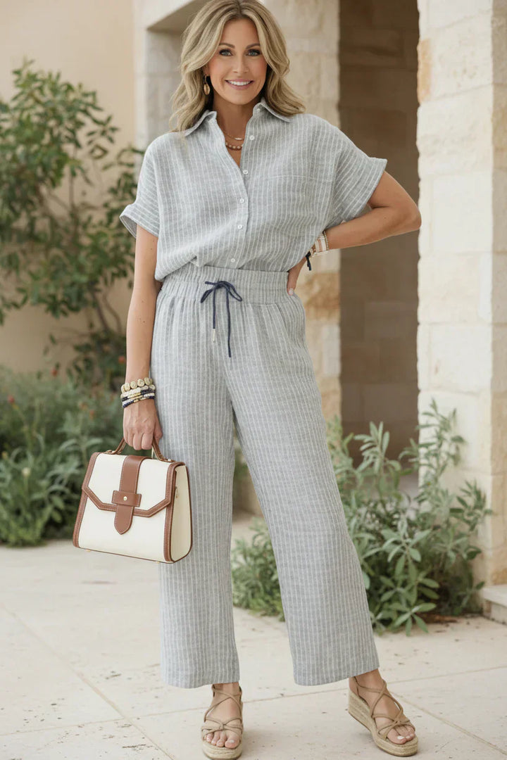Two Piece Pinstripe Set for Women - Tailored Wide Leg Pants and Button Top