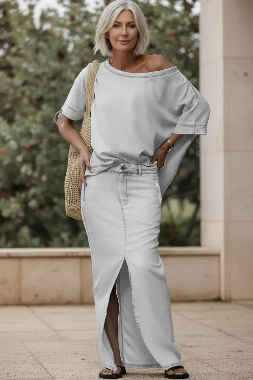 Denim Two Piece Set with Off Shoulder Top and Maxi Skirt