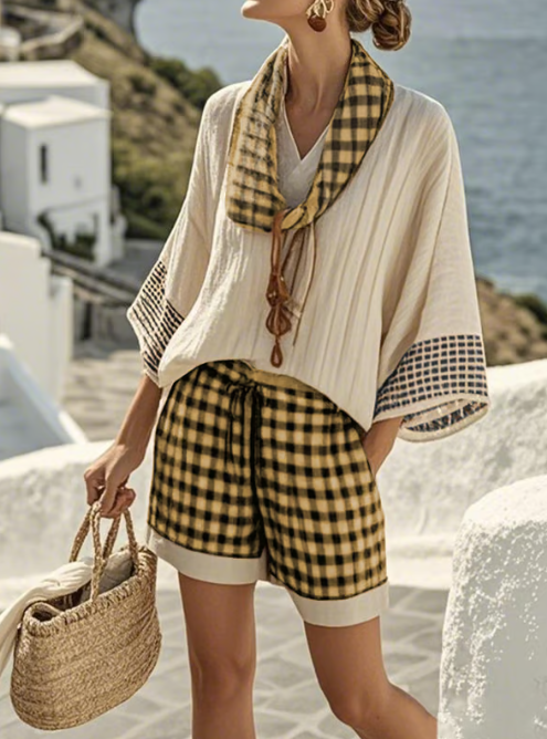 Gingham Lounge Set for Women - Linen Blend Cowl Neck Top and Shorts